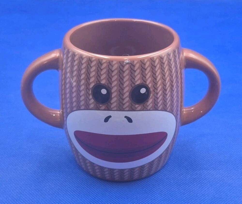 Galerie Double Handled Sock Monkey Ceramic Mug 16oz 4" Coffee Tea Cocoa